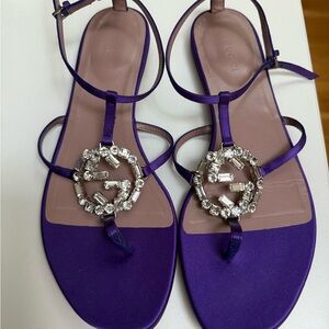 Authentic Gucci Crystal Embellished Sandal Sz 39 Purple Satin & Calfskin Leather